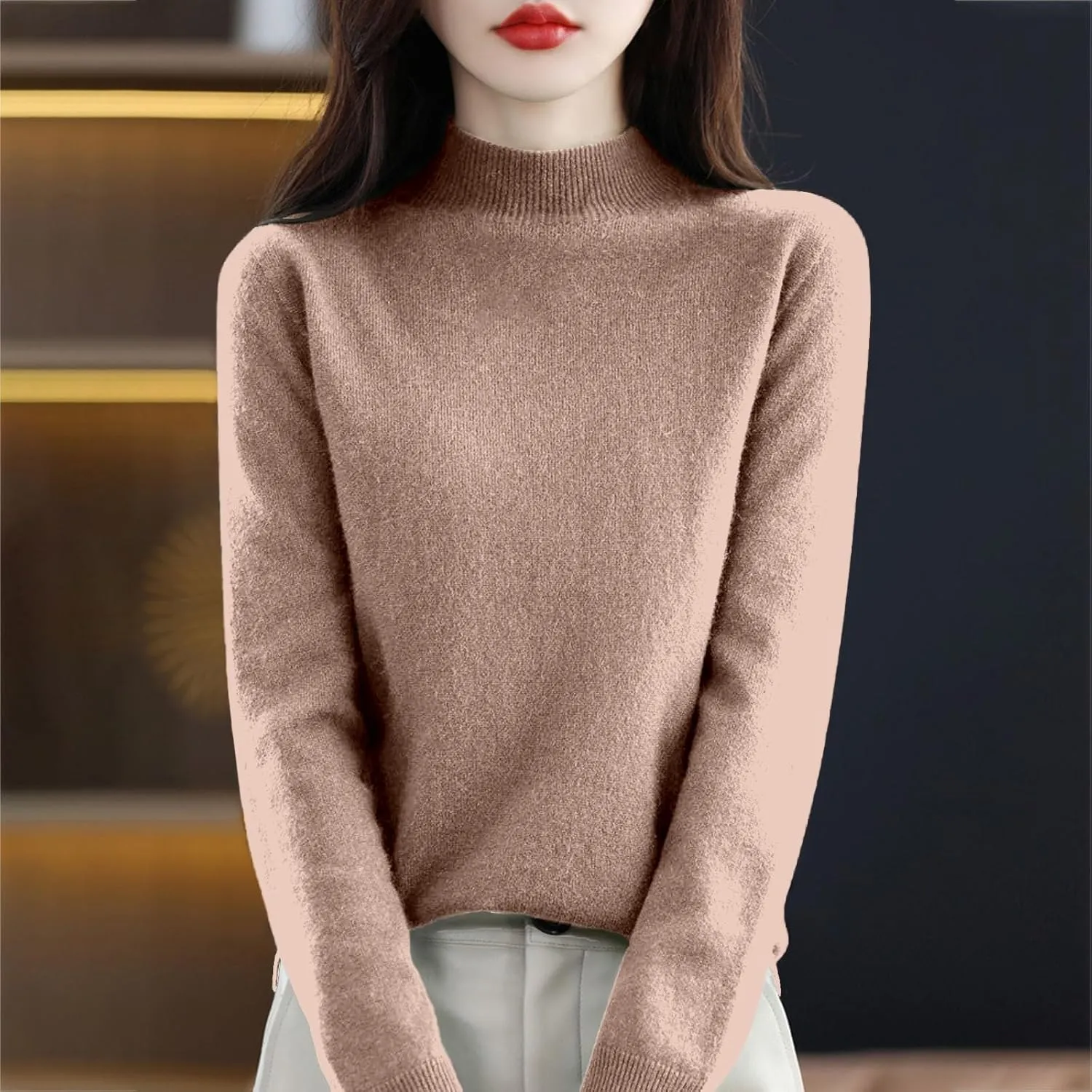 Sweaters for Women Oversized Mock Neck Cashmere Sweater Plain Long Sleeve Fleece Pullover Cozy Wool Cute Knit Sweater