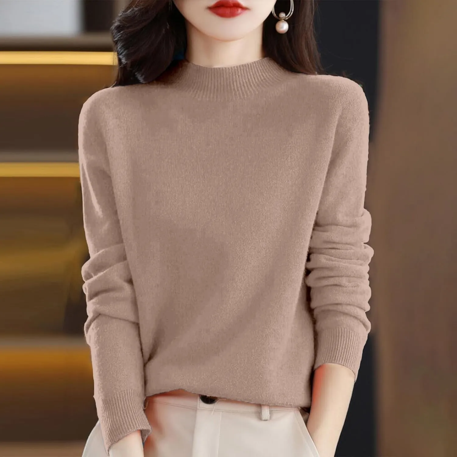 Sweaters for Women Oversized Mock Neck Cashmere Sweater Plain Long Sleeve Fleece Pullover Cozy Wool Cute Knit Sweater