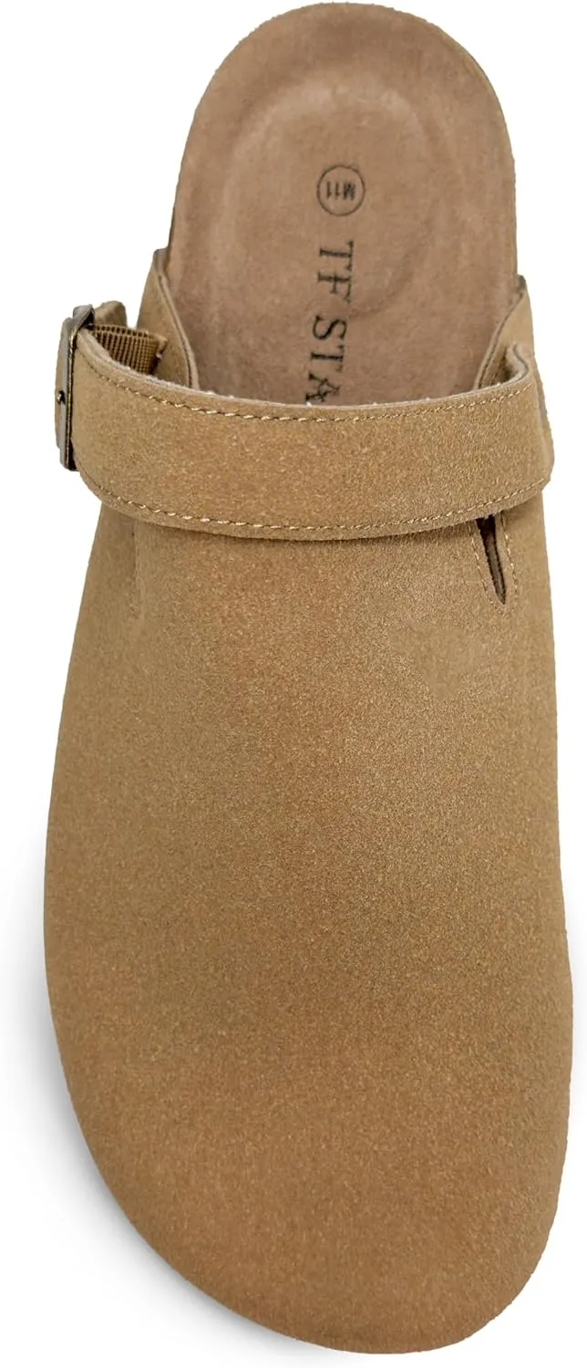 TF STAR Unisex Soft Footbed Clog Cow Suede Leather Clogs, Cork Clogs Shoes for Women Men Tan