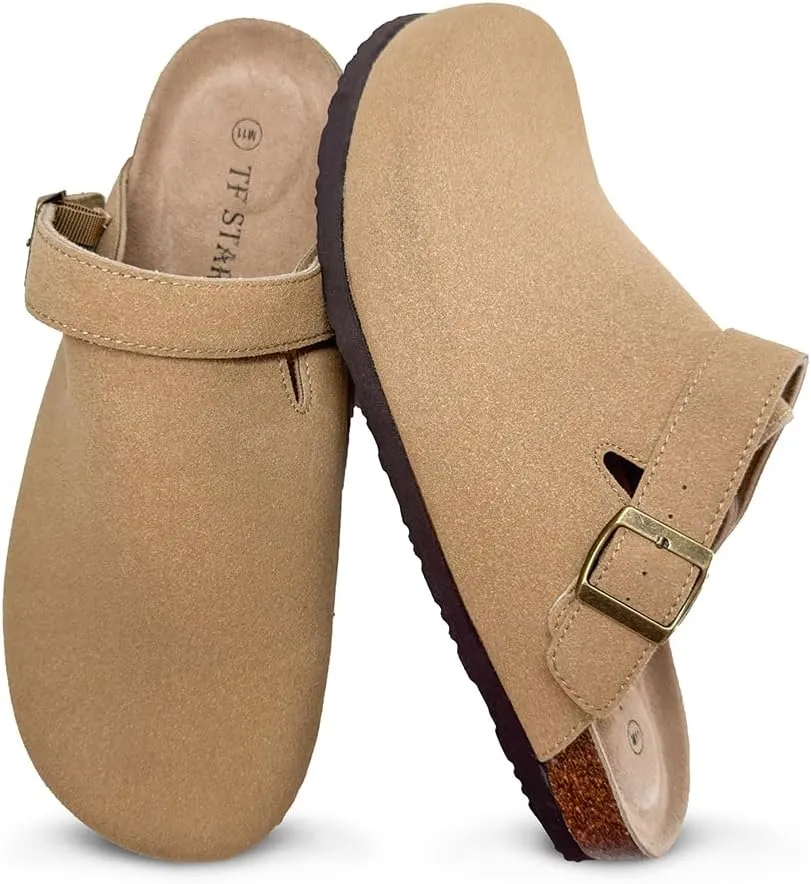 TF STAR Unisex Soft Footbed Clog Cow Suede Leather Clogs, Cork Clogs Shoes for Women Men Tan