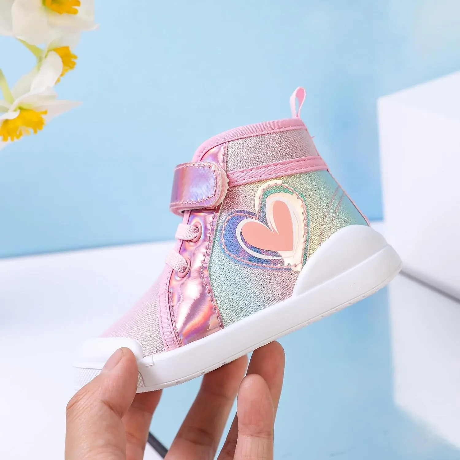 Toddler Girls Heart Pattern High Top Canvas Sneakers Kids Sequin Sparkly Glitter Walking Running Flat Shoes