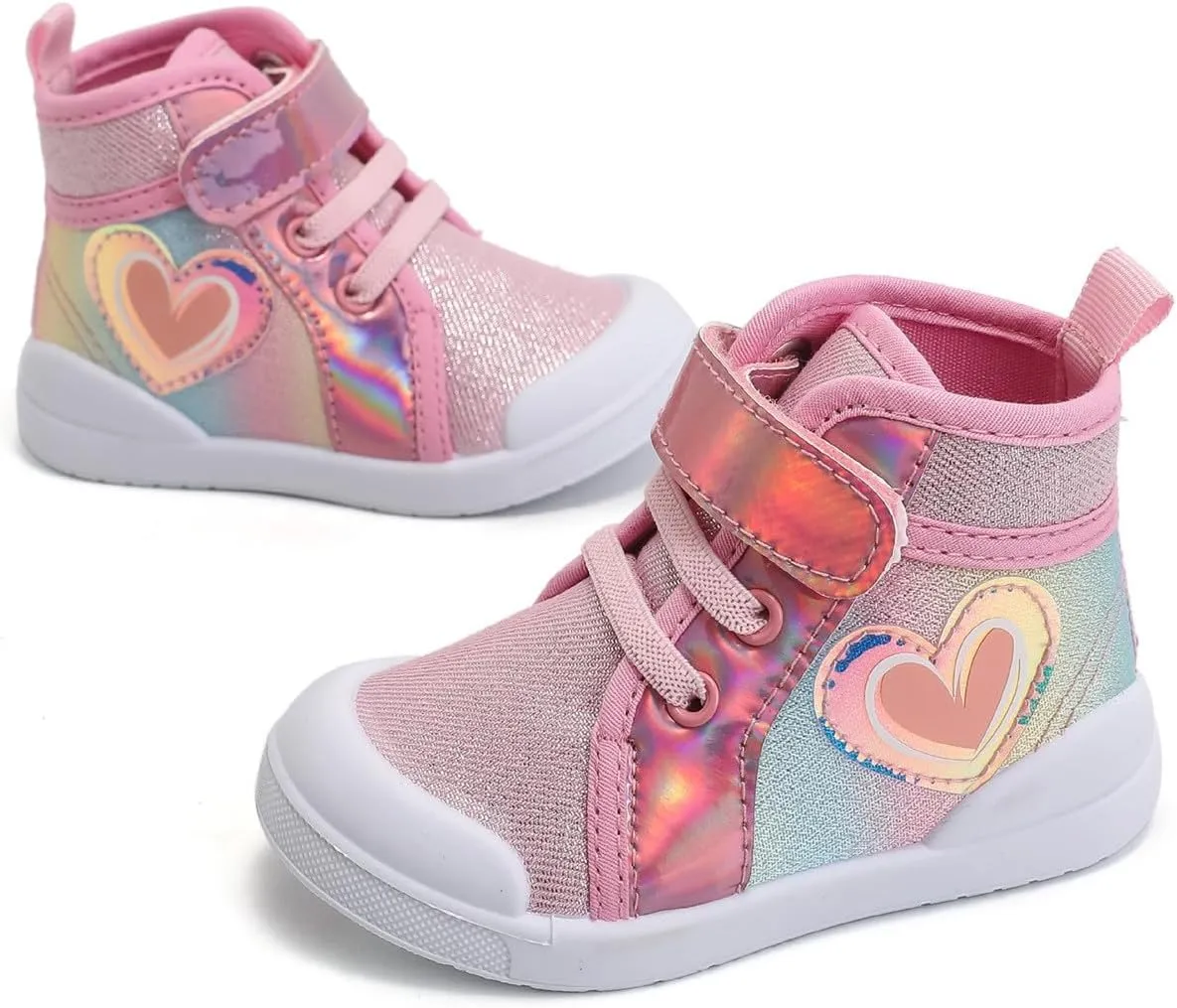 Toddler Girls Heart Pattern High Top Canvas Sneakers Kids Sequin Sparkly Glitter Walking Running Flat Shoes