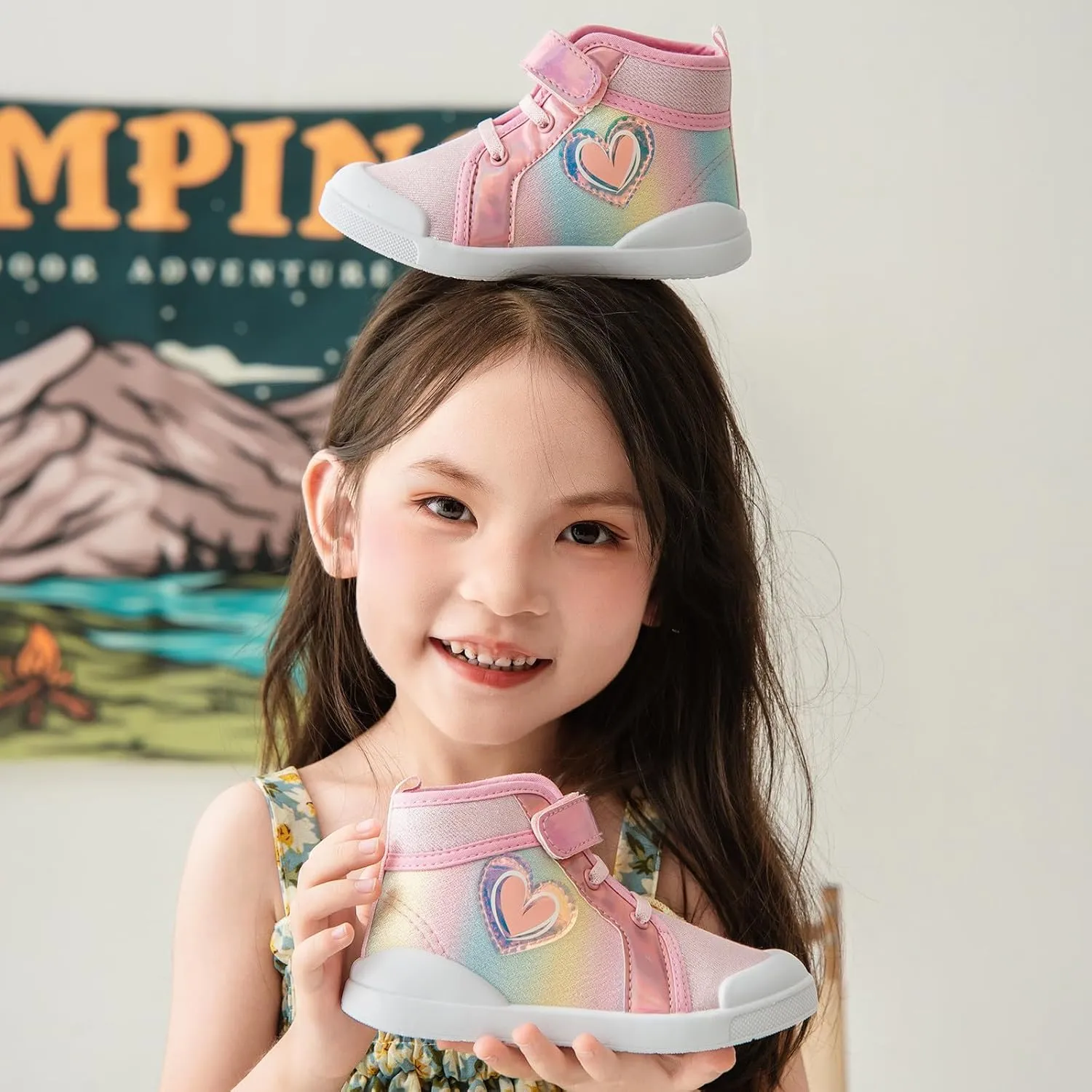 Toddler Girls Heart Pattern High Top Canvas Sneakers Kids Sequin Sparkly Glitter Walking Running Flat Shoes