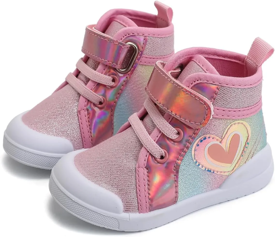 Toddler Girls Heart Pattern High Top Canvas Sneakers Kids Sequin Sparkly Glitter Walking Running Flat Shoes