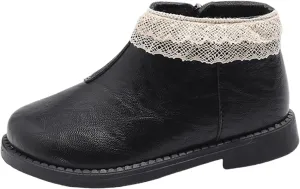 Toddler Kids Girls Solid Leather Ankle Boots with Lace Hem Platform Anti Slip Side Zipper Classic Dress Shoes