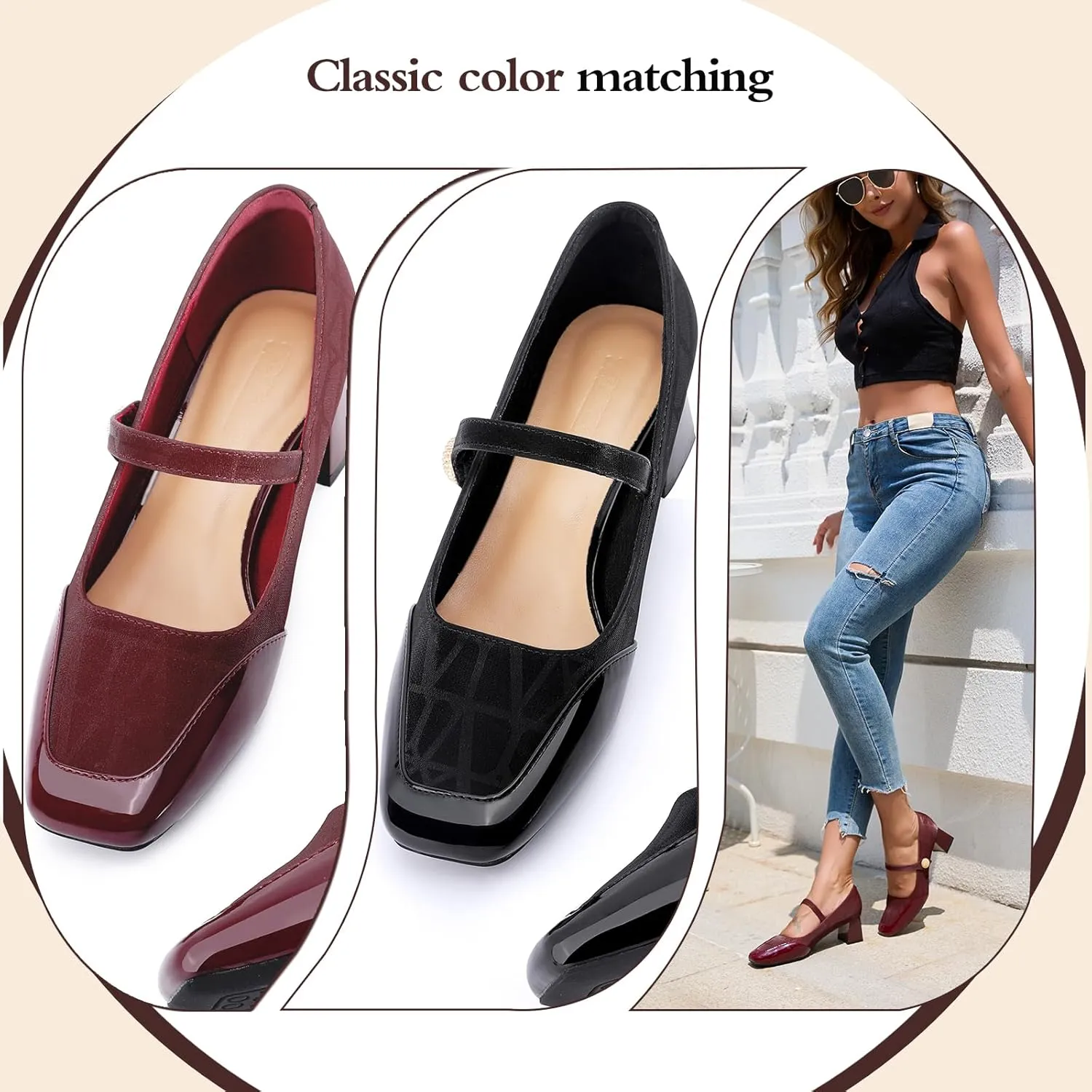 Trakxy Women Square Toe Mary Jane Pumps Shoes Comfortable Closed Toe Dress Shoes Chunky Block Heels Buckle Strap Fitted Pumps Ideal for Casual Work Wedding