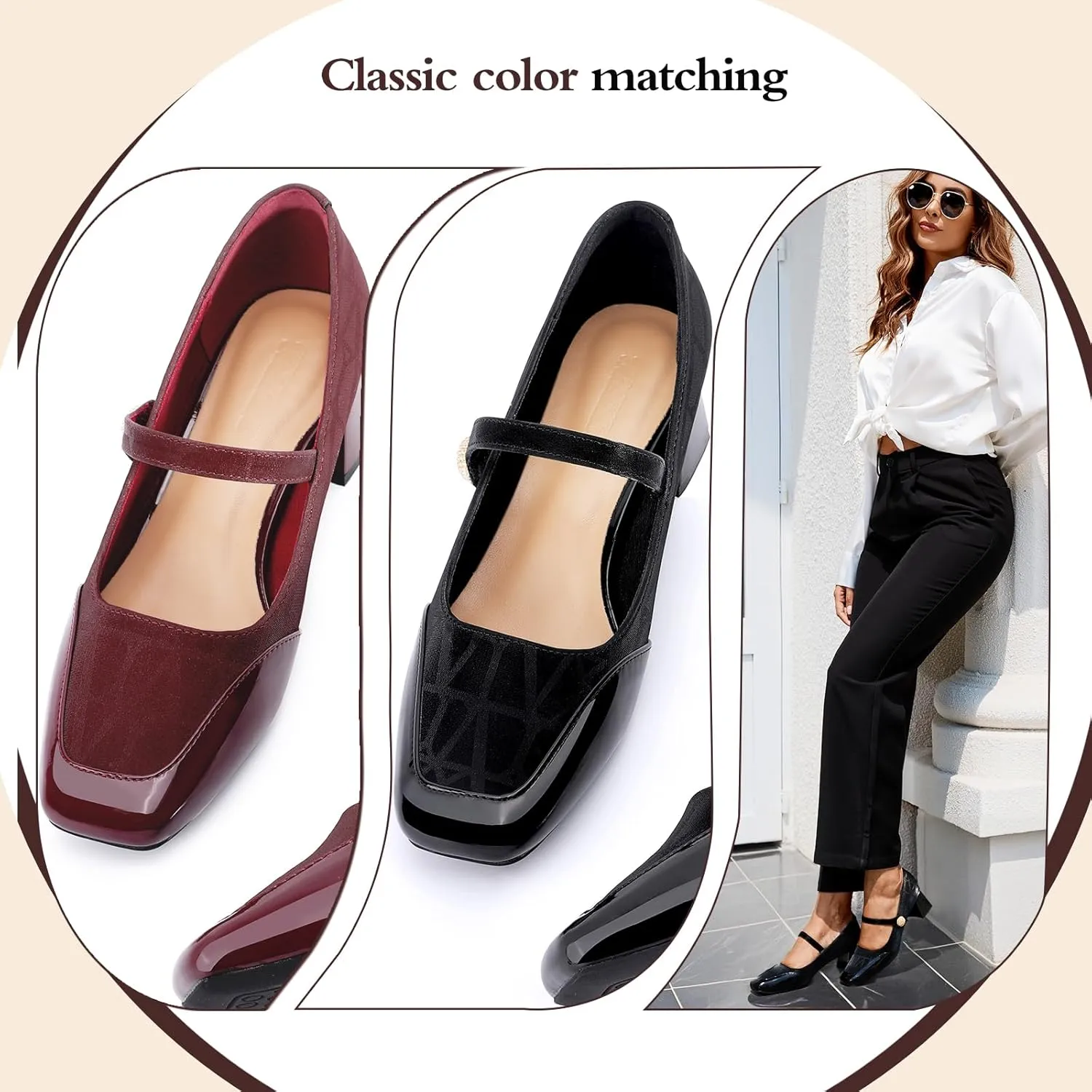 Trakxy Women Square Toe Mary Jane Pumps Shoes Comfortable Closed Toe Dress Shoes Chunky Block Heels Buckle Strap Fitted Pumps Ideal for Casual Work Wedding