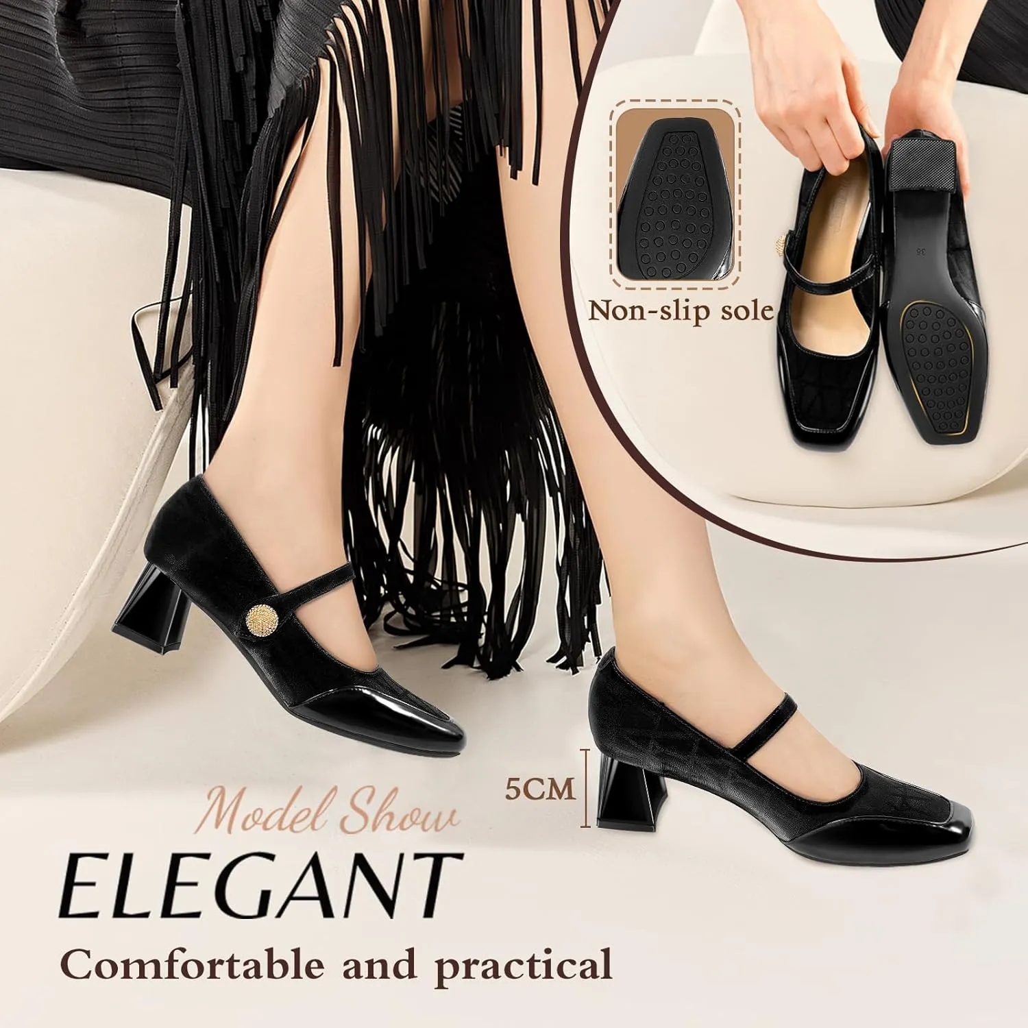Trakxy Women Square Toe Mary Jane Pumps Shoes Comfortable Closed Toe Dress Shoes Chunky Block Heels Buckle Strap Fitted Pumps Ideal for Casual Work Wedding