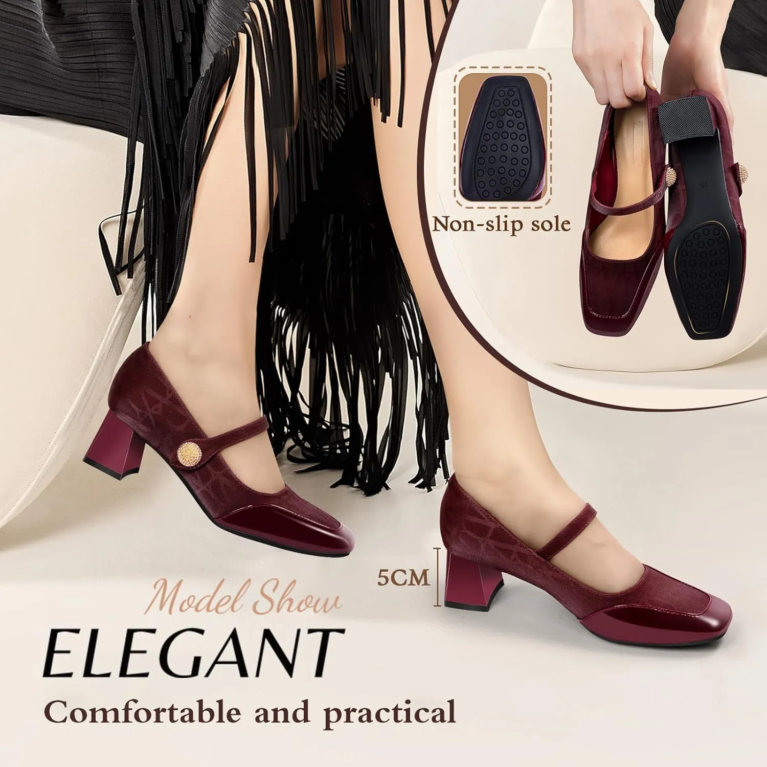 Trakxy Women Square Toe Mary Jane Pumps Shoes Comfortable Closed Toe Dress Shoes Chunky Block Heels Buckle Strap Fitted Pumps Ideal for Casual Work Wedding