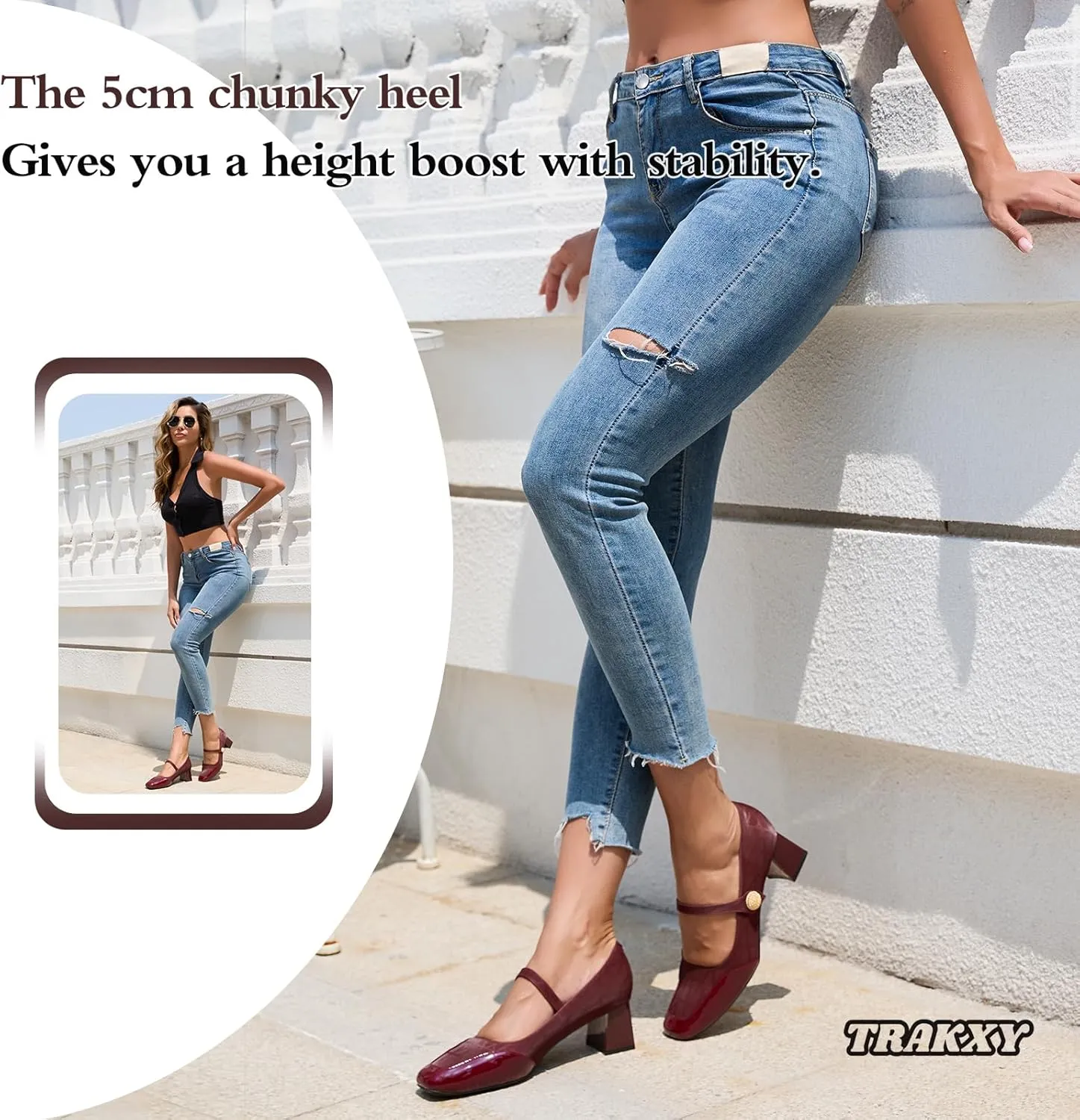 Trakxy Women Square Toe Mary Jane Pumps Shoes Comfortable Closed Toe Dress Shoes Chunky Block Heels Buckle Strap Fitted Pumps Ideal for Casual Work Wedding