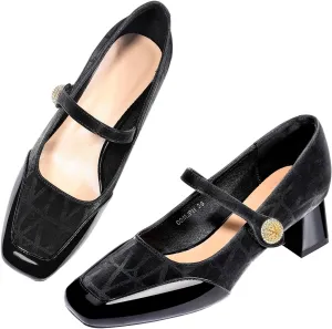 Trakxy Women Square Toe Mary Jane Pumps Shoes Comfortable Closed Toe Dress Shoes Chunky Block Heels Buckle Strap Fitted Pumps Ideal for Casual Work Wedding