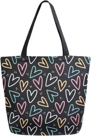 Trendy Extra Large Shoulder Grocery Tote Bag, Colorful Hearts Black Pattern Canvas Daily Handle Bag for Gym Yoga Weekender Picnic Beach Travel Kitchen Reusable Market Shopping