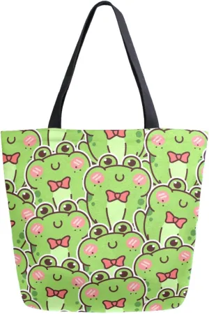 Trendy Extra Large Shoulder Grocery Tote Bag, Cute Green Frogs Funny Cartoon Canvas Daily Handle Bag for Gym Yoga Weekender Picnic Beach Travel Kitchen Reusable Market Shopping