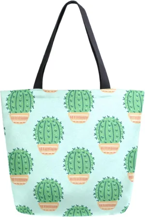 Trendy Extra Large Shoulder Grocery Tote Bag, Spiny Cactus Green Floral Canvas Daily Handle Bag for Gym Yoga Weekender Picnic Beach Travel Kitchen Reusable Market Shopping