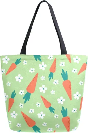 Trendy Extra Large Shoulder Grocery Tote Bag, Spring Cute Carrots Flowers Green Canvas Daily Handle Bag for Gym Yoga Weekender Picnic Beach Travel Kitchen Reusable Market Shopping