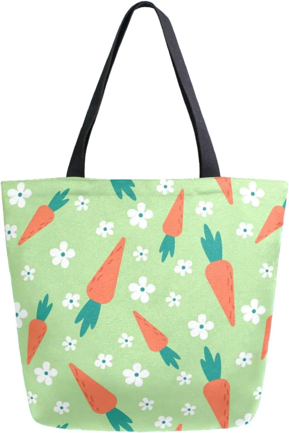 Trendy Extra Large Shoulder Grocery Tote Bag, Spring Cute Carrots Flowers Green Canvas Daily Handle Bag for Gym Yoga Weekender Picnic Beach Travel Kitchen Reusable Market Shopping