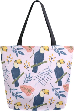 Trendy Extra Large Shoulder Grocery Tote Bag, Toucan Bird Tropical Leaves Branch Canvas Daily Handle Bag for Gym Yoga Weekender Picnic Beach Travel Kitchen Reusable Market Shopping