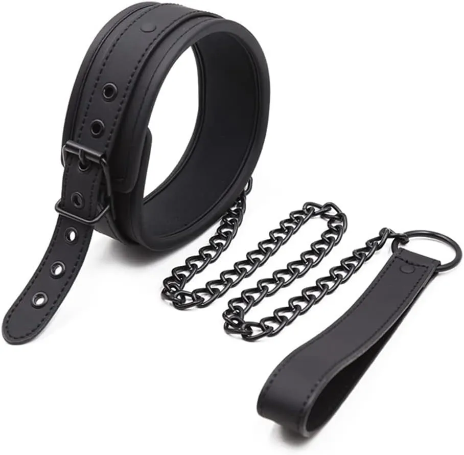 Unleash your inner rebel with our trendy Punk Chokers - Cosplay Collars Neck Leather Necklace with an adjustable chain leash, Black