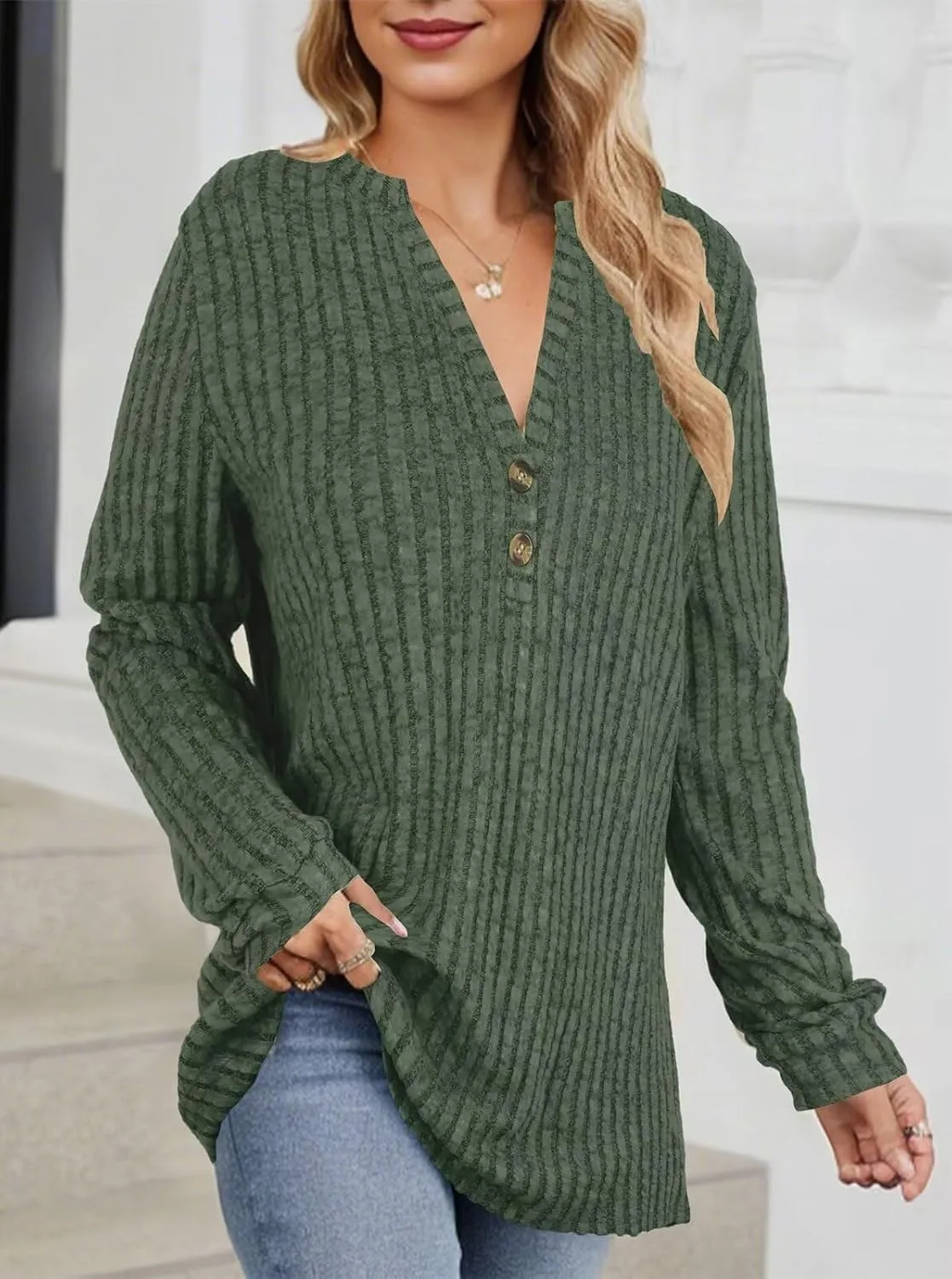 V Neck Sweaters for Women Long Sleeve Tunic Tops Knitted Casual Loose Pullover Sweaters