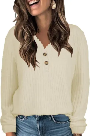 V Neck Sweaters for Women Long Sleeve Tunic Tops Knitted Casual Loose Pullover Sweaters