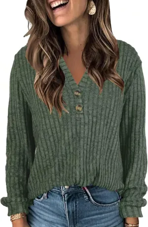 V Neck Sweaters for Women Long Sleeve Tunic Tops Knitted Casual Loose Pullover Sweaters