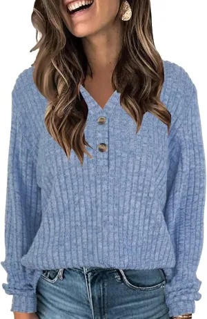 V Neck Sweaters for Women Long Sleeve Tunic Tops Knitted Casual Loose Pullover Sweaters