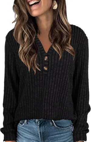 V Neck Sweaters for Women Long Sleeve Tunic Tops Knitted Casual Loose Pullover Sweaters