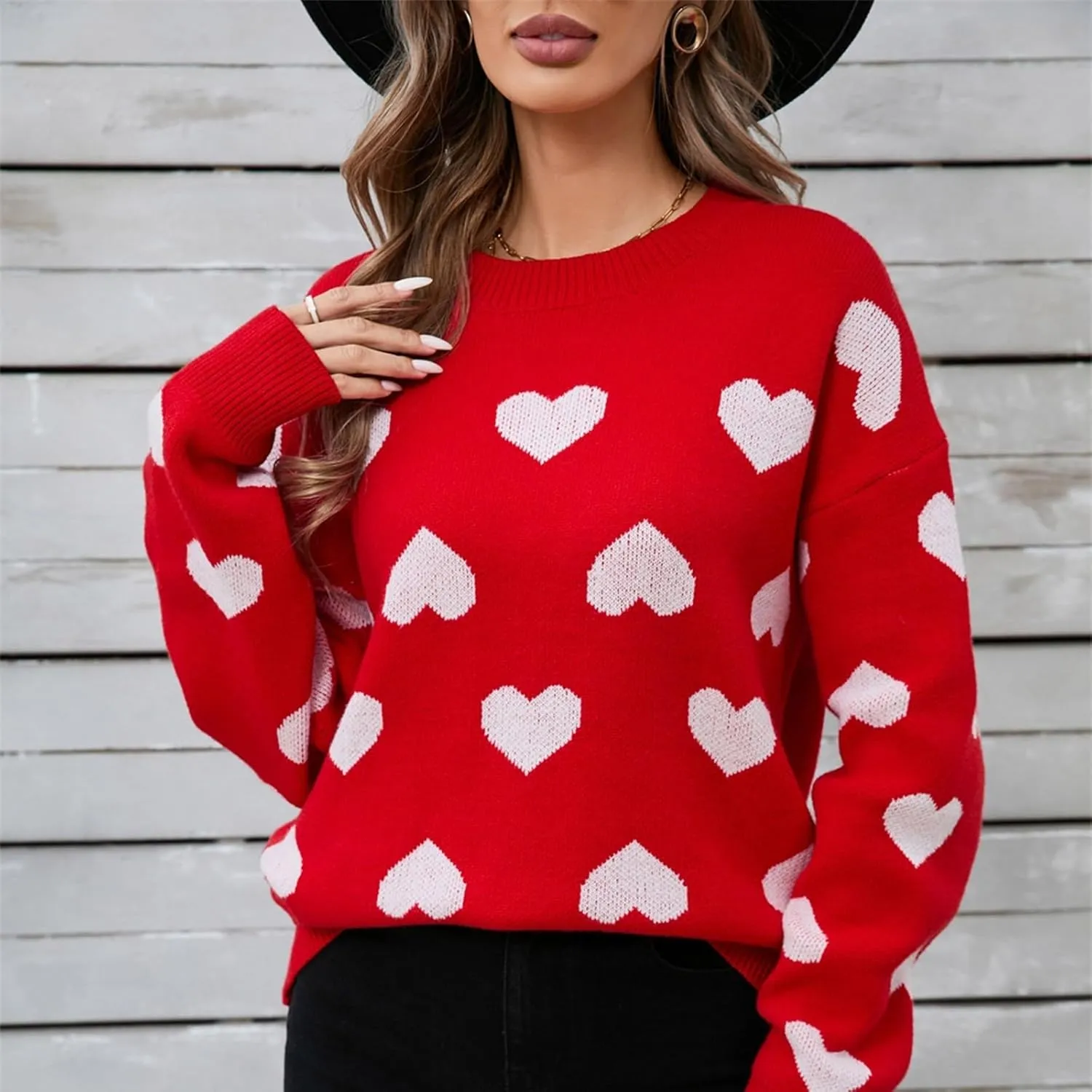 Valentine Cute Heart Cream Sweater Fall Pullover Crewneck Long Sleeve Soft Knitted Top Holiday Sweaters for Women