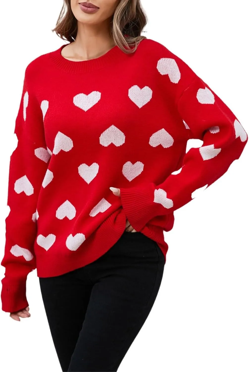 Valentine Cute Heart Cream Sweater Fall Pullover Crewneck Long Sleeve Soft Knitted Top Holiday Sweaters for Women