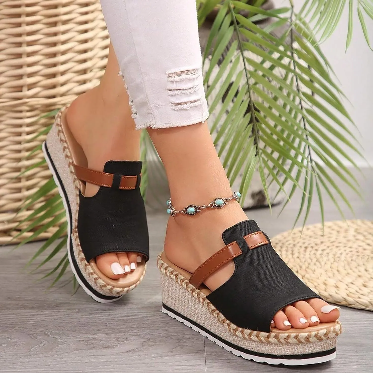 Wedge Sandals for Women Summer Arch Support Platform Sandals Comfortable Slip on Orthopedic Sandal, Open Toe Braided Patchwork Strappy Espadrilles Beach Outdoor Slippers All Day Comfort