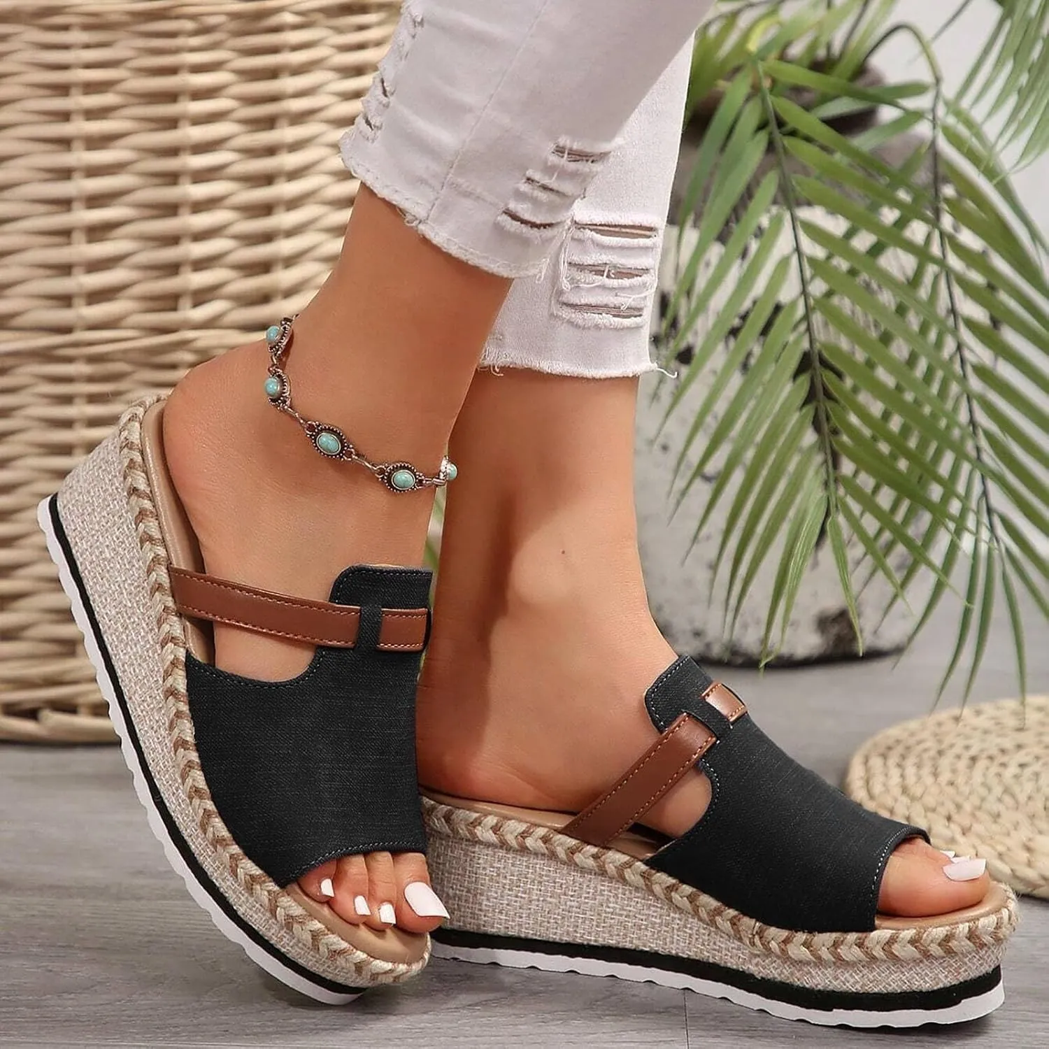 Wedge Sandals for Women Summer Arch Support Platform Sandals Comfortable Slip on Orthopedic Sandal, Open Toe Braided Patchwork Strappy Espadrilles Beach Outdoor Slippers All Day Comfort
