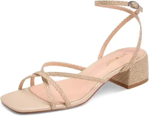 wetkiss 2 Inch Low Heels Chunky Strappy Heels Women Woven Low Summer Sandals Square Toe Black Woven Nude