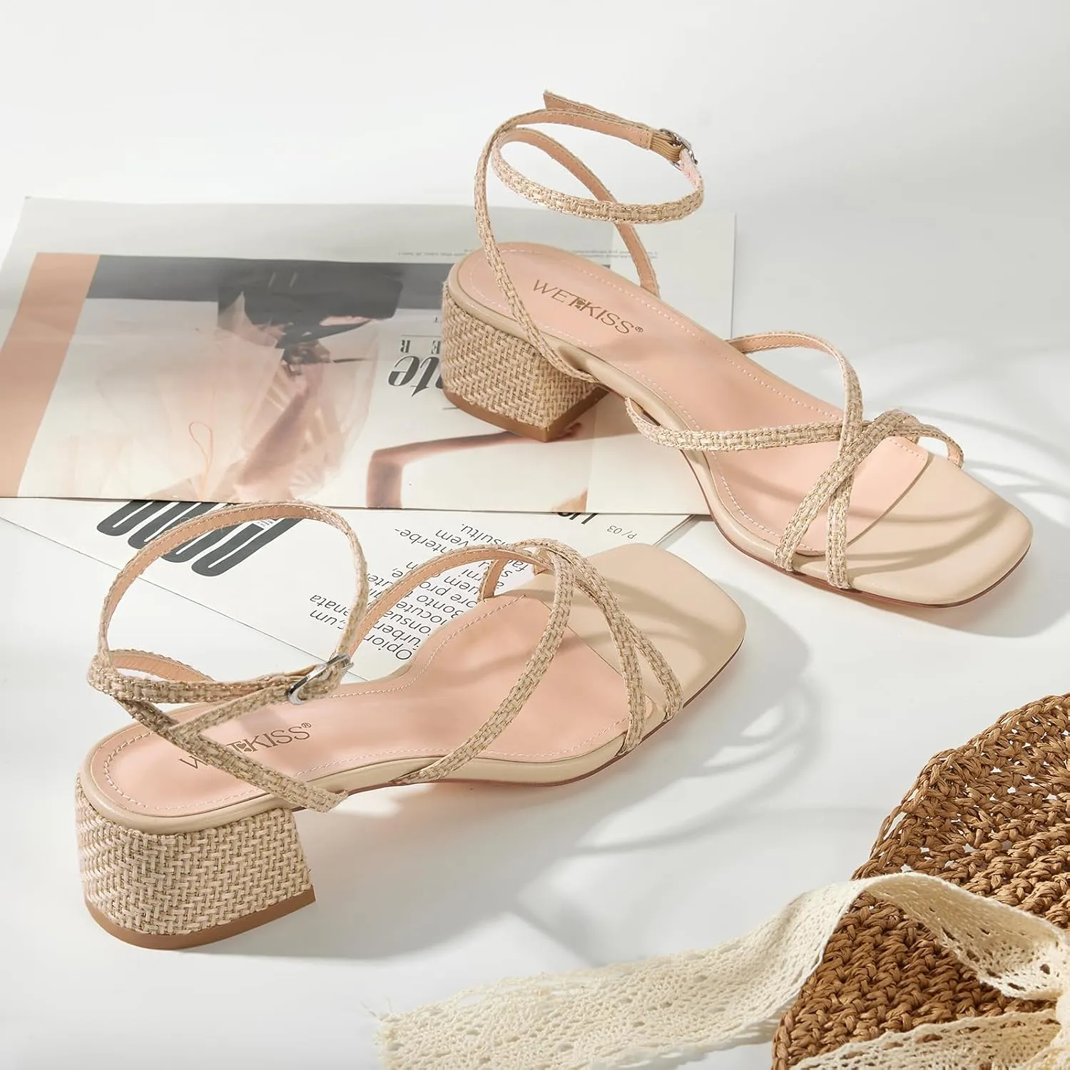 wetkiss 2 Inch Low Heels Chunky Strappy Heels Women Woven Low Summer Sandals Square Toe Black Woven Nude