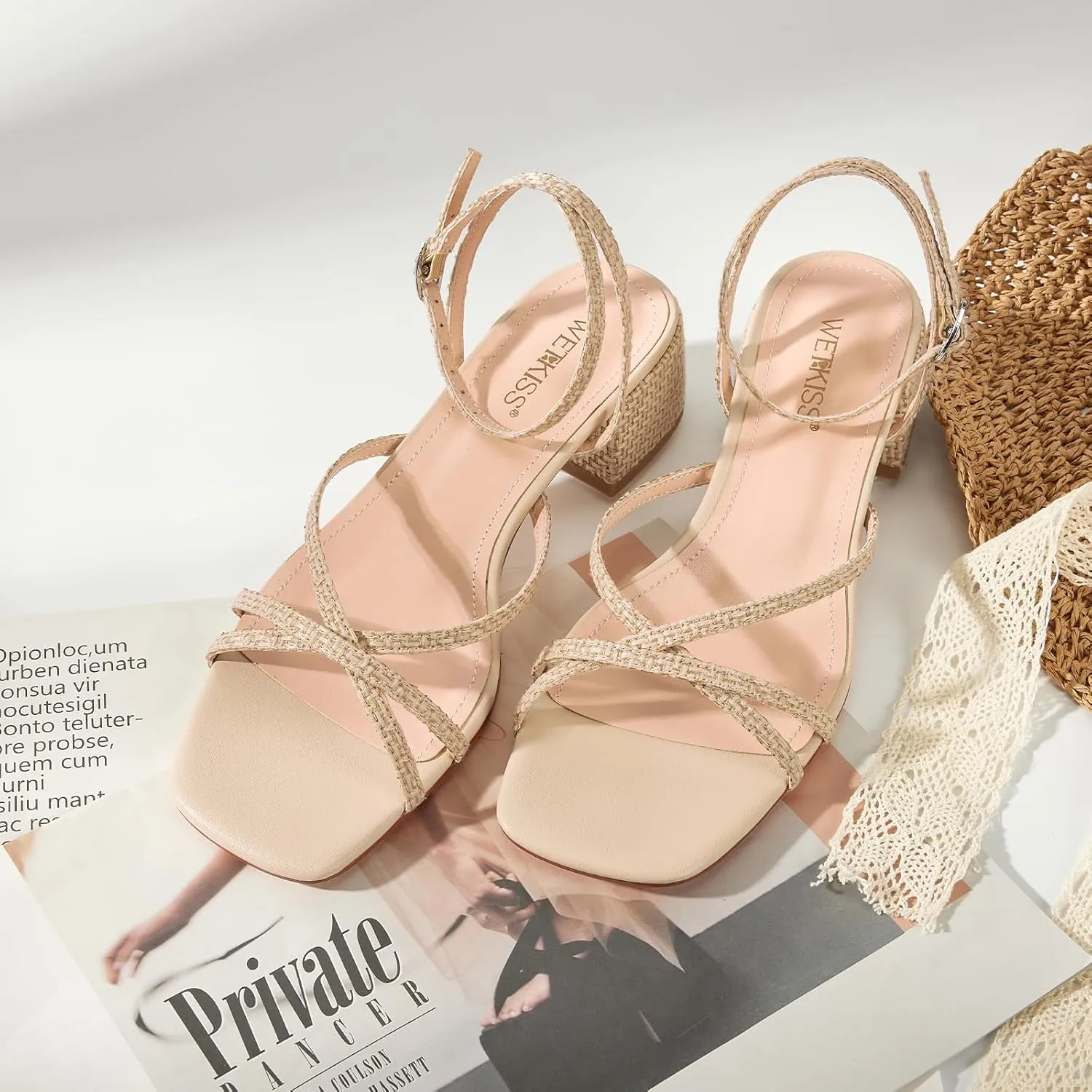wetkiss 2 Inch Low Heels Chunky Strappy Heels Women Woven Low Summer Sandals Square Toe Black Woven Nude