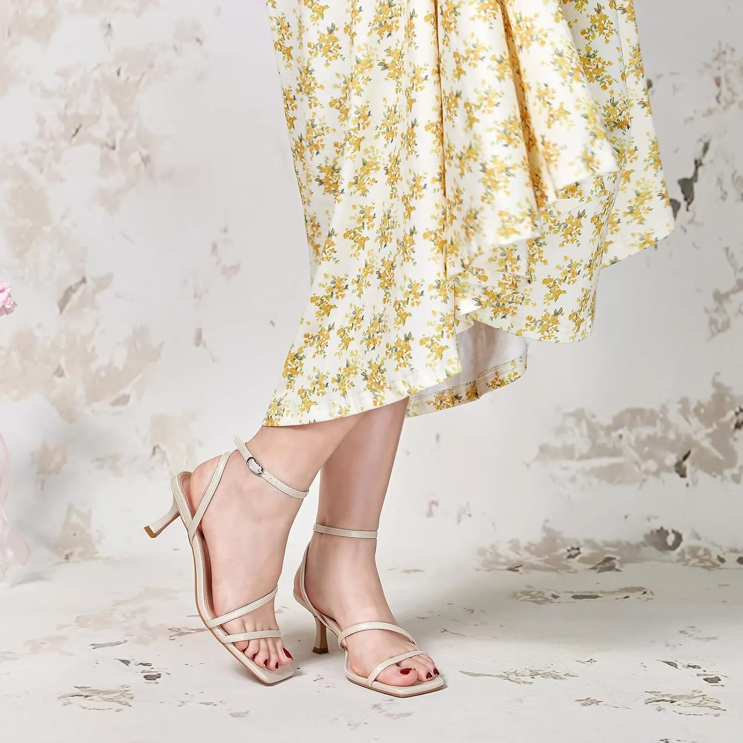 wetkiss Kitten Heels for Women Heels Sandals Low Heels Cute Strappy Heels Square Toe Comfortable Heels