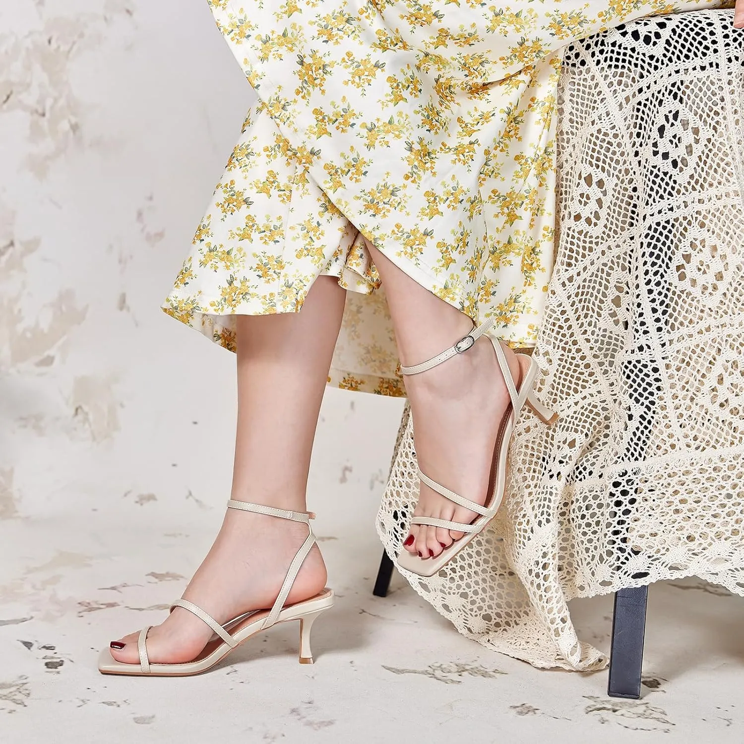wetkiss Kitten Heels for Women Heels Sandals Low Heels Cute Strappy Heels Square Toe Comfortable Heels