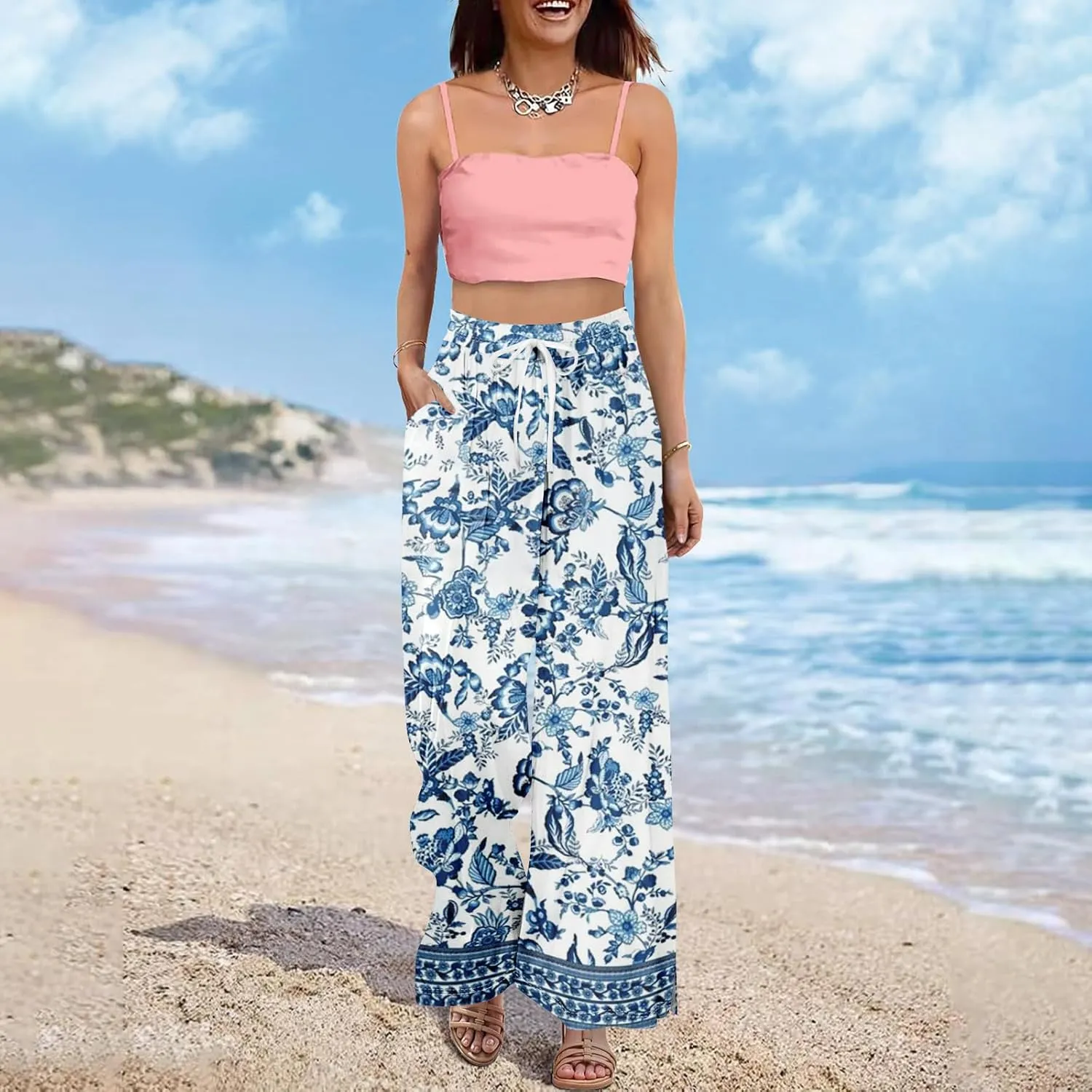 Wide Leg Beach Pants for Women High Waist Boho Elastic Waist Palazzo Summer Pants with Pockets Comfy Drawstring Clothes