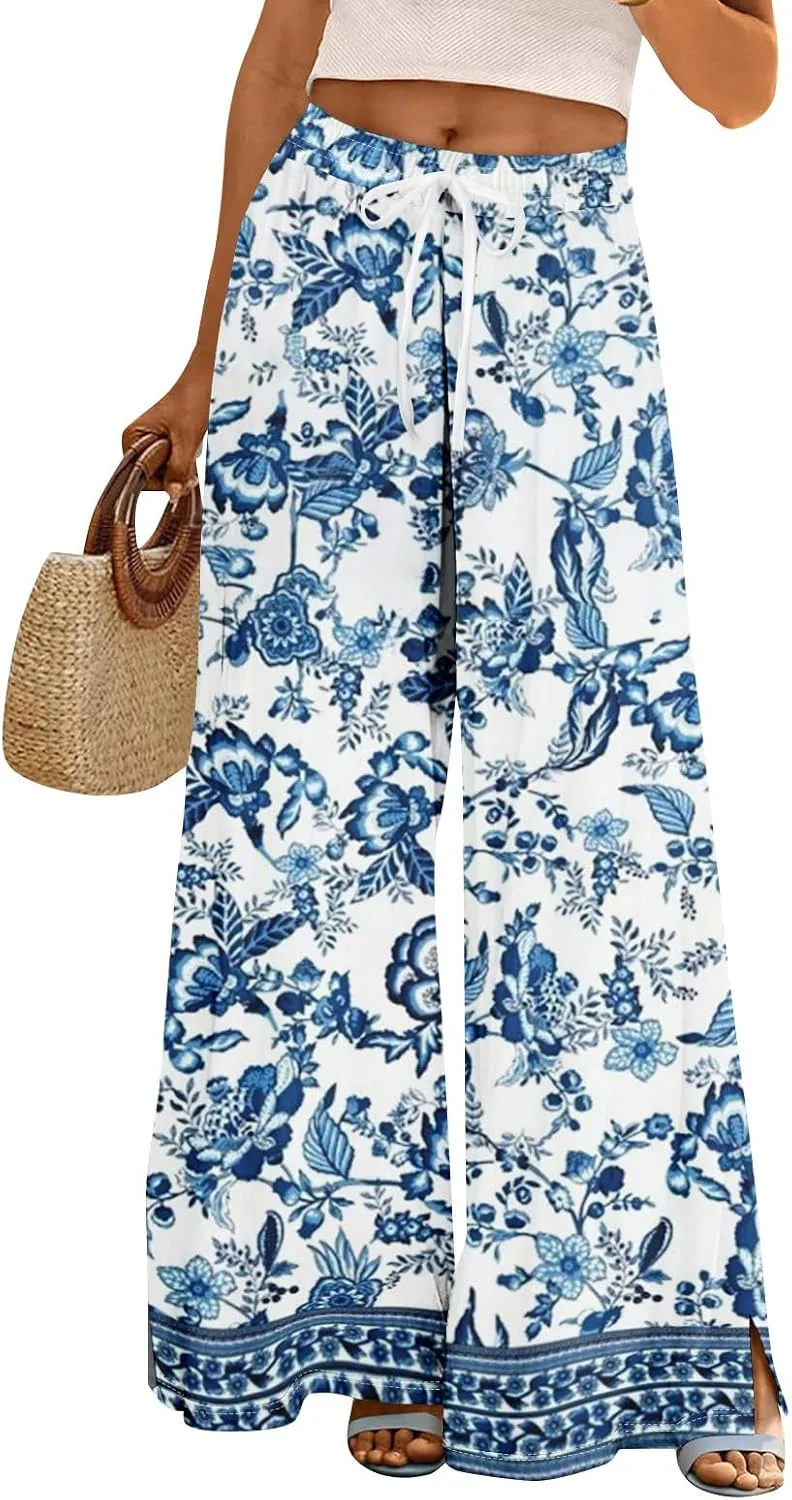Wide Leg Beach Pants for Women High Waist Boho Elastic Waist Palazzo Summer Pants with Pockets Comfy Drawstring Clothes