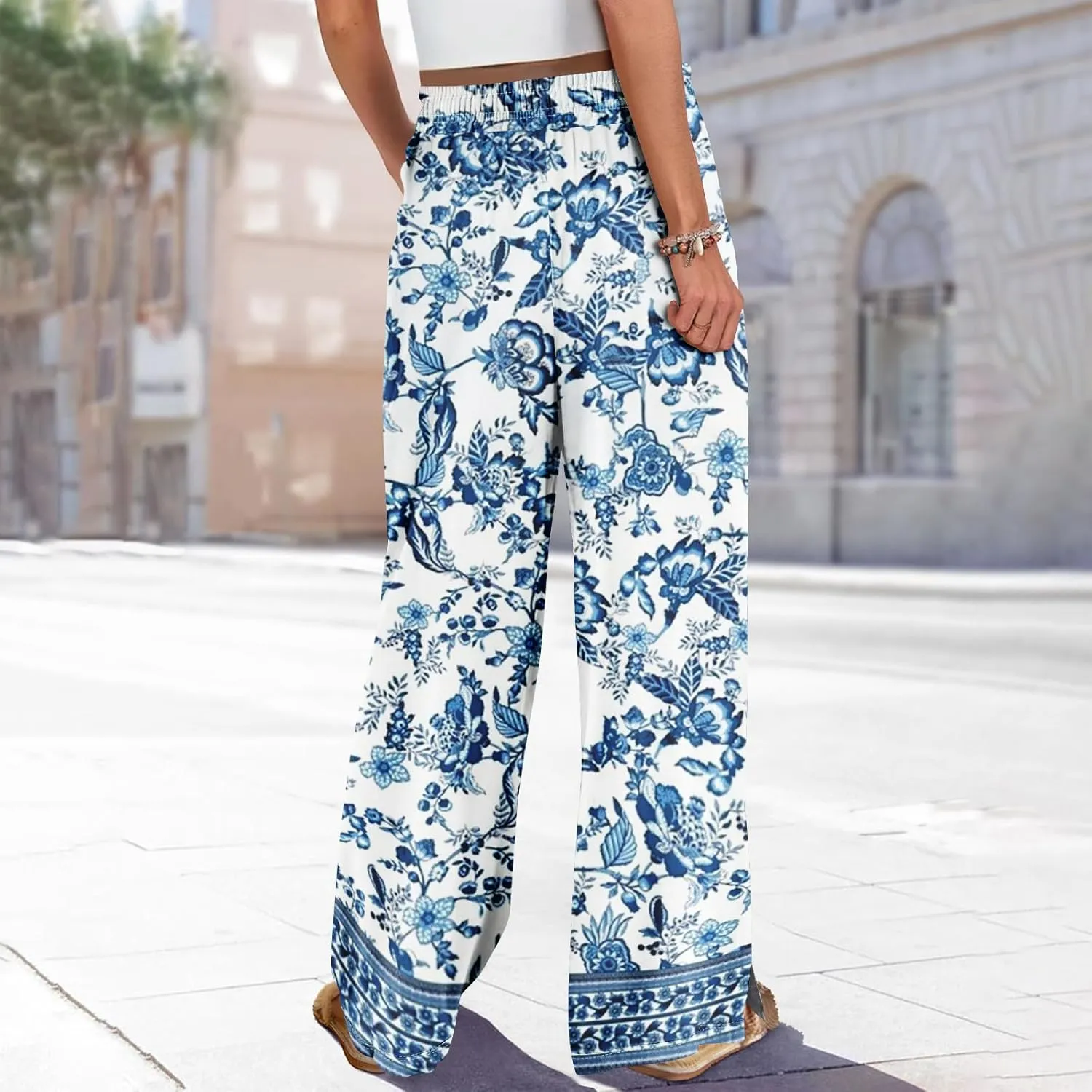 Wide Leg Beach Pants for Women High Waist Boho Elastic Waist Palazzo Summer Pants with Pockets Comfy Drawstring Clothes
