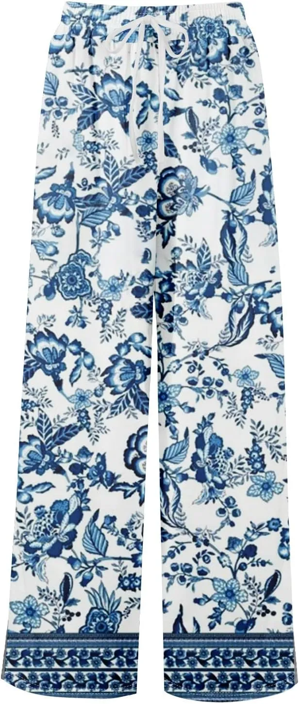 Wide Leg Beach Pants for Women High Waist Boho Elastic Waist Palazzo Summer Pants with Pockets Comfy Drawstring Clothes