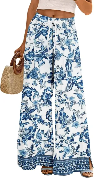 Wide Leg Beach Pants for Women High Waist Boho Elastic Waist Palazzo Summer Pants with Pockets Comfy Drawstring Clothes