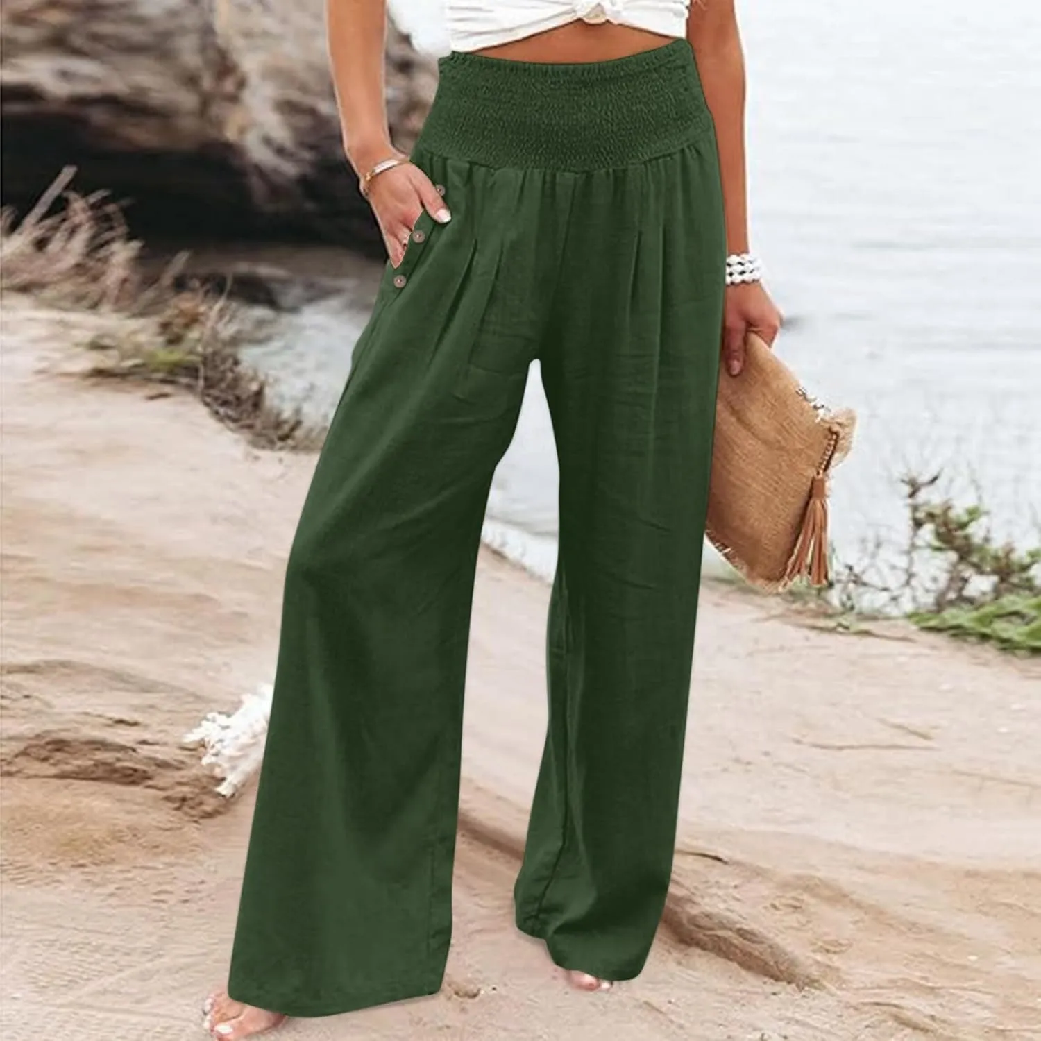 Wide Leg Beach Pants for Women Linen High Waist Flowy Elastic Waist Palazzo Pants Trendy Comfy Straight Smocked Clothes
