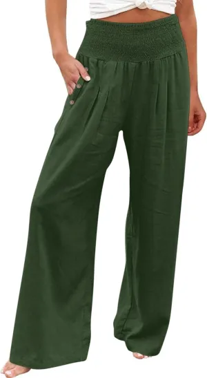 Wide Leg Beach Pants for Women Linen High Waist Flowy Elastic Waist Palazzo Pants Trendy Comfy Straight Smocked Clothes