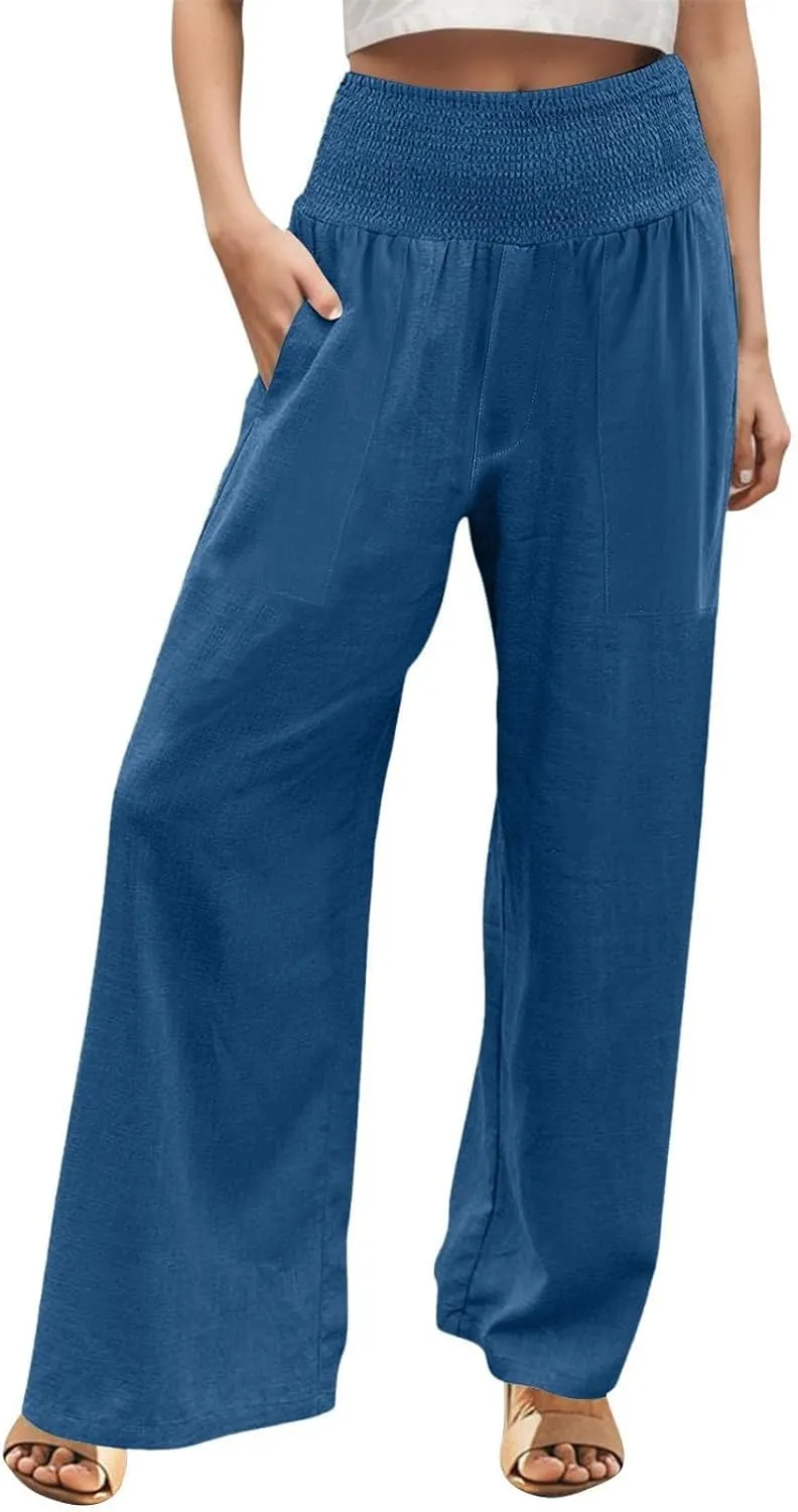 Wide Leg Beach Pants for Women Linen High Waist Flowy Elastic Waist Palazzo Pants Trendy Comfy Straight Smocked Clothes
