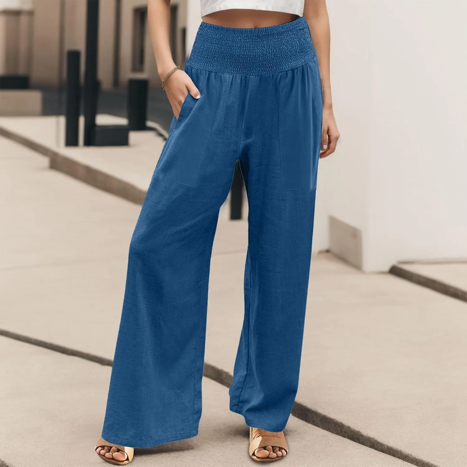 Wide Leg Beach Pants for Women Linen High Waist Flowy Elastic Waist Palazzo Pants Trendy Comfy Straight Smocked Clothes