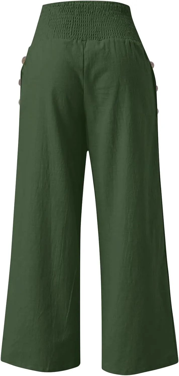 Wide Leg Beach Pants for Women Linen High Waist Flowy Elastic Waist Palazzo Pants Trendy Comfy Straight Smocked Clothes