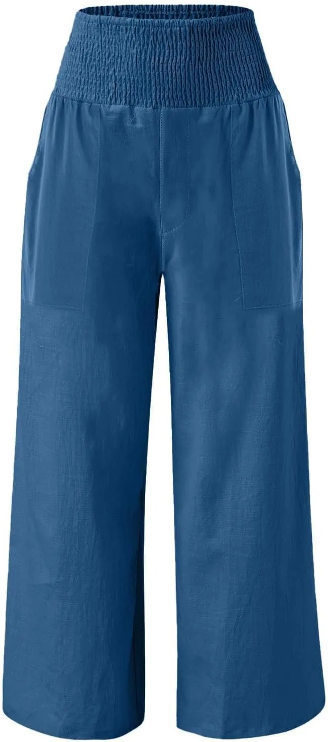 Wide Leg Beach Pants for Women Linen High Waist Flowy Elastic Waist Palazzo Pants Trendy Comfy Straight Smocked Clothes