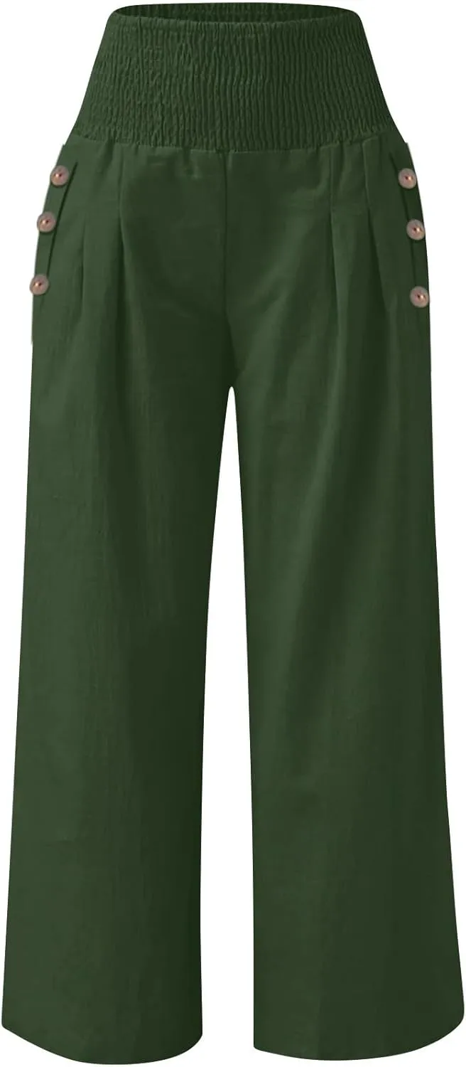 Wide Leg Beach Pants for Women Linen High Waist Flowy Elastic Waist Palazzo Pants Trendy Comfy Straight Smocked Clothes