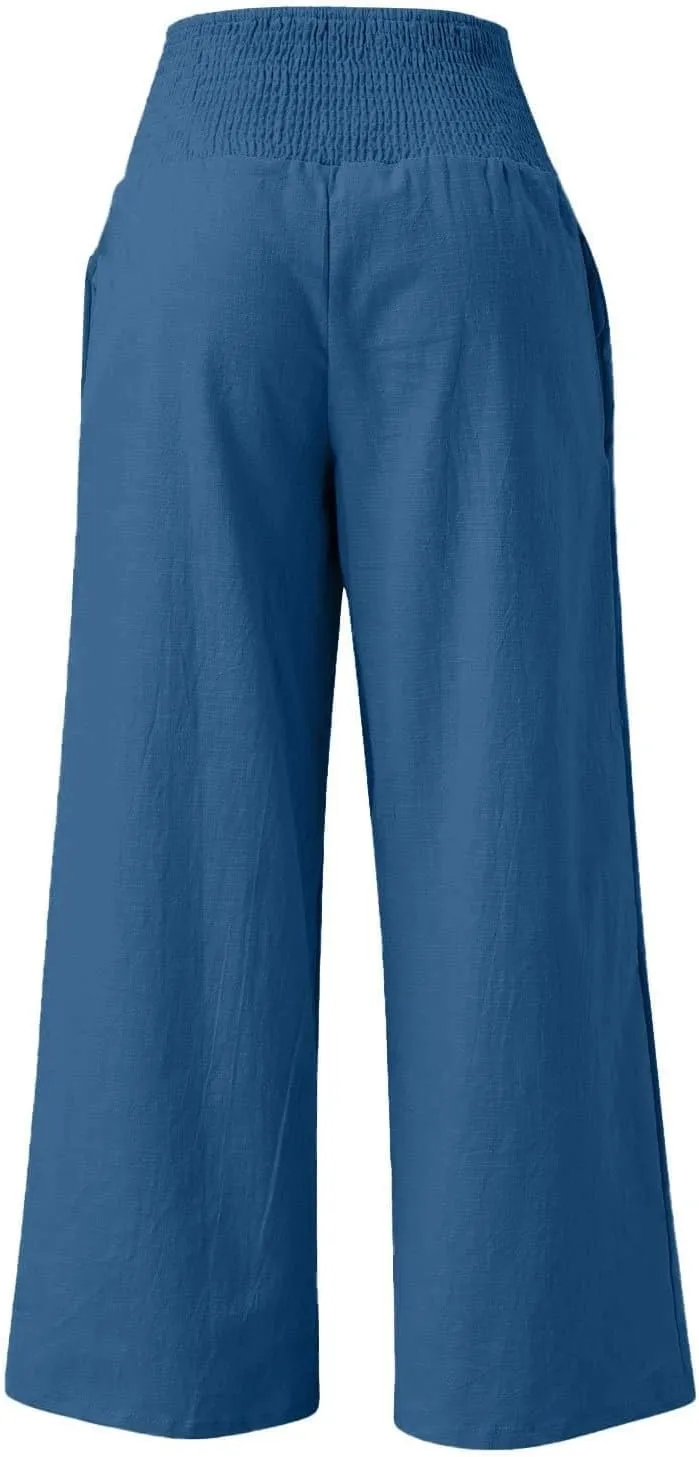 Wide Leg Beach Pants for Women Linen High Waist Flowy Elastic Waist Palazzo Pants Trendy Comfy Straight Smocked Clothes