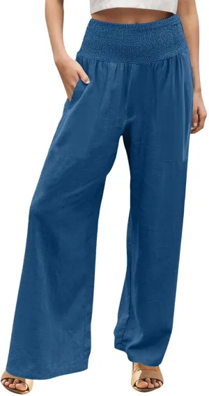 Wide Leg Beach Pants for Women Linen High Waist Flowy Elastic Waist Palazzo Pants Trendy Comfy Straight Smocked Clothes
